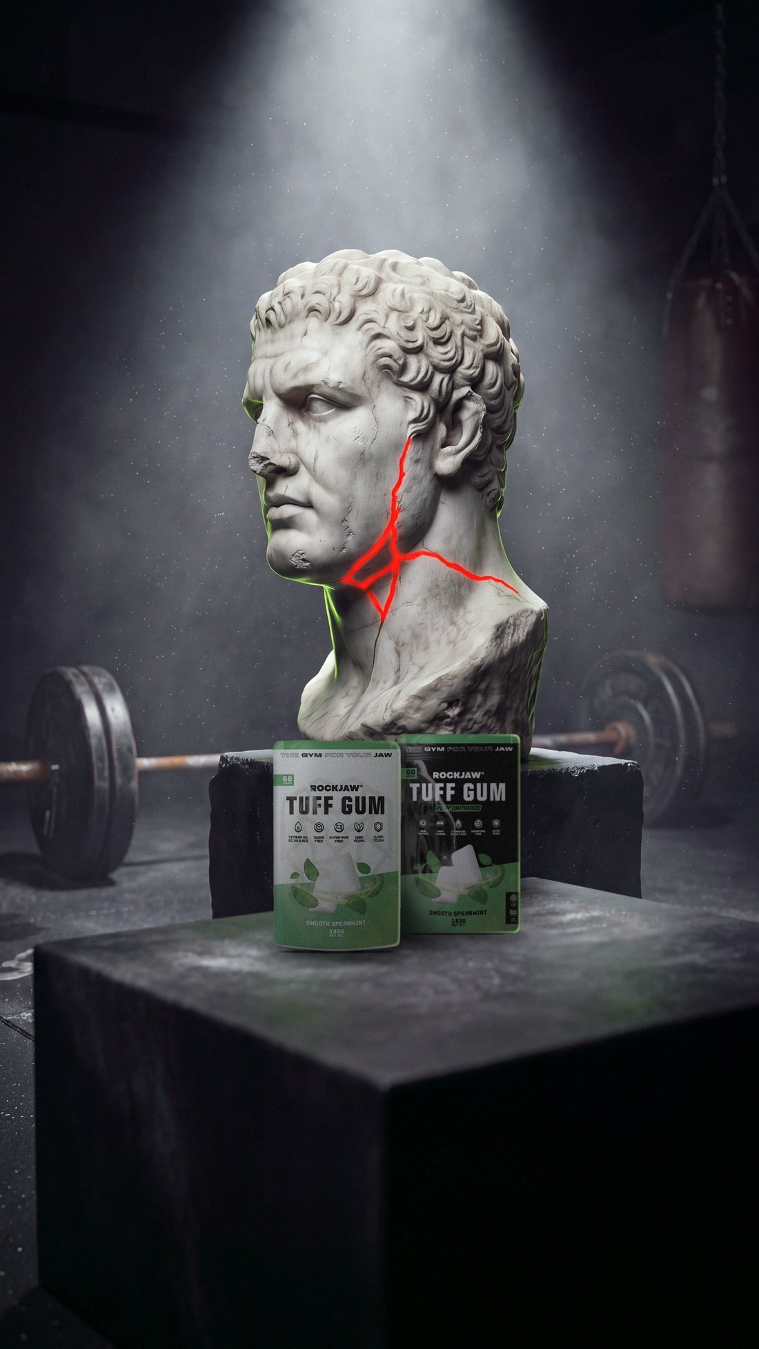 Marble bust with a red glowing crack beside Tuff Gum pouches